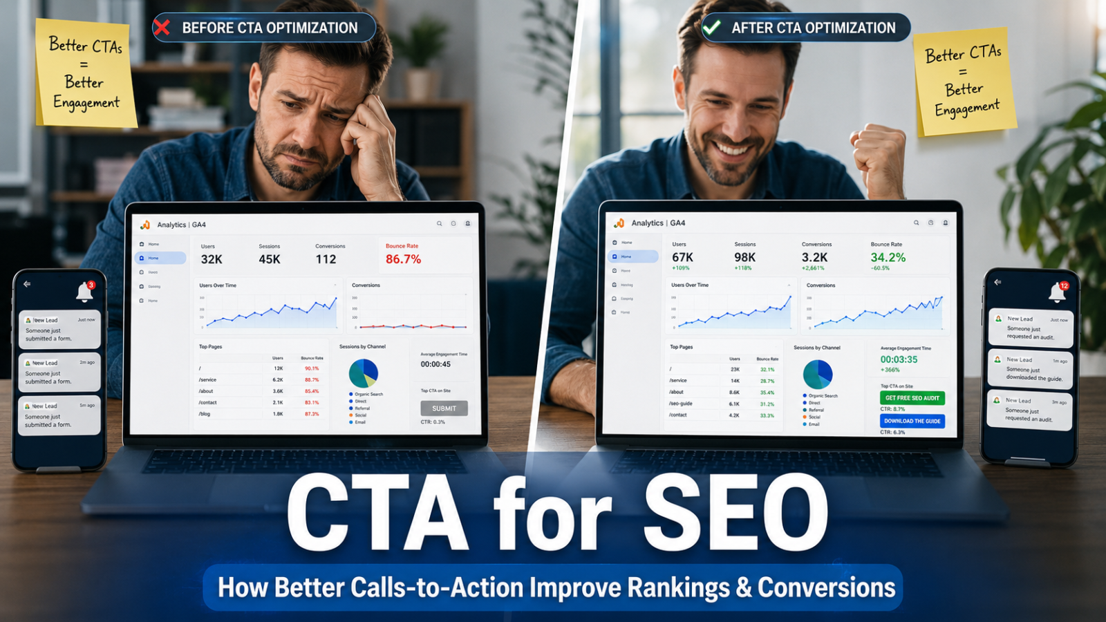 Website SEO dashboard showing the impact of optimized CTA buttons on conversions and user engagement