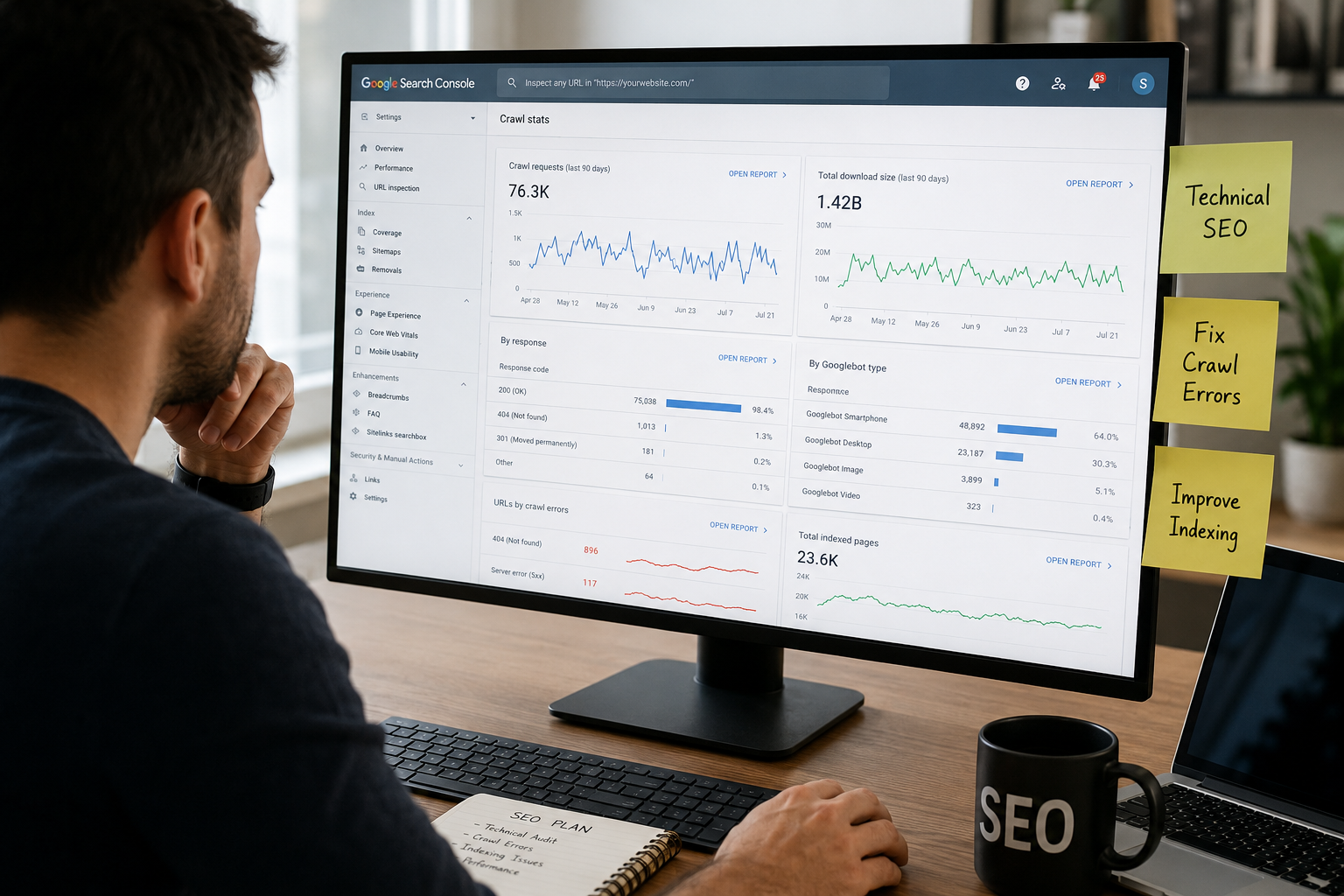 SEO expert reviewing Google Search Console crawl statistics and website indexing data on a computer screen