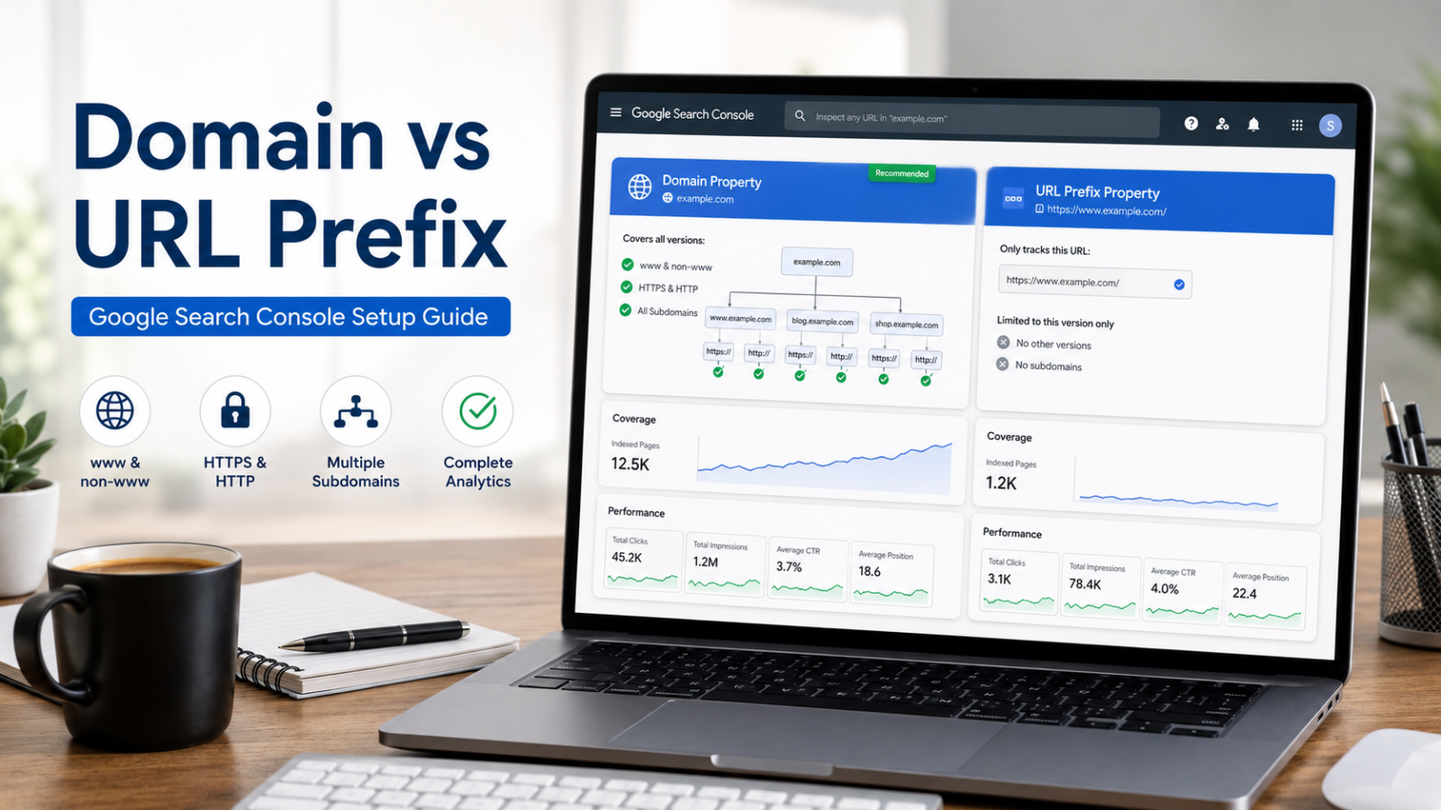 Google Search Console Domain vs URL Prefix property comparison on laptop screen