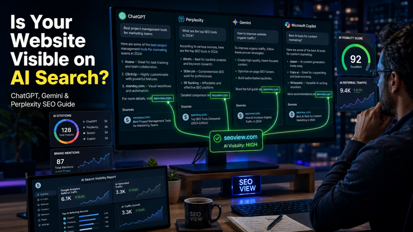 Website visibility analysis across ChatGPT, Gemini, Perplexity, and AI search engines on a modern SEO workspace setup