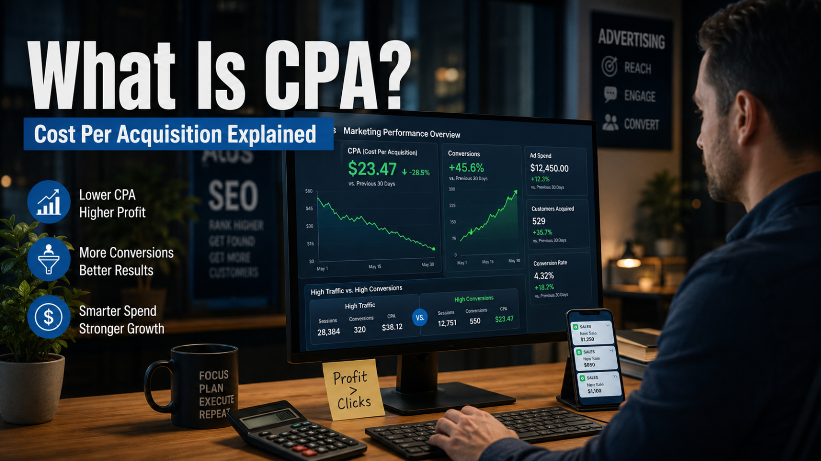 Digital marketer analyzing CPA cost per acquisition metrics on a marketing dashboard