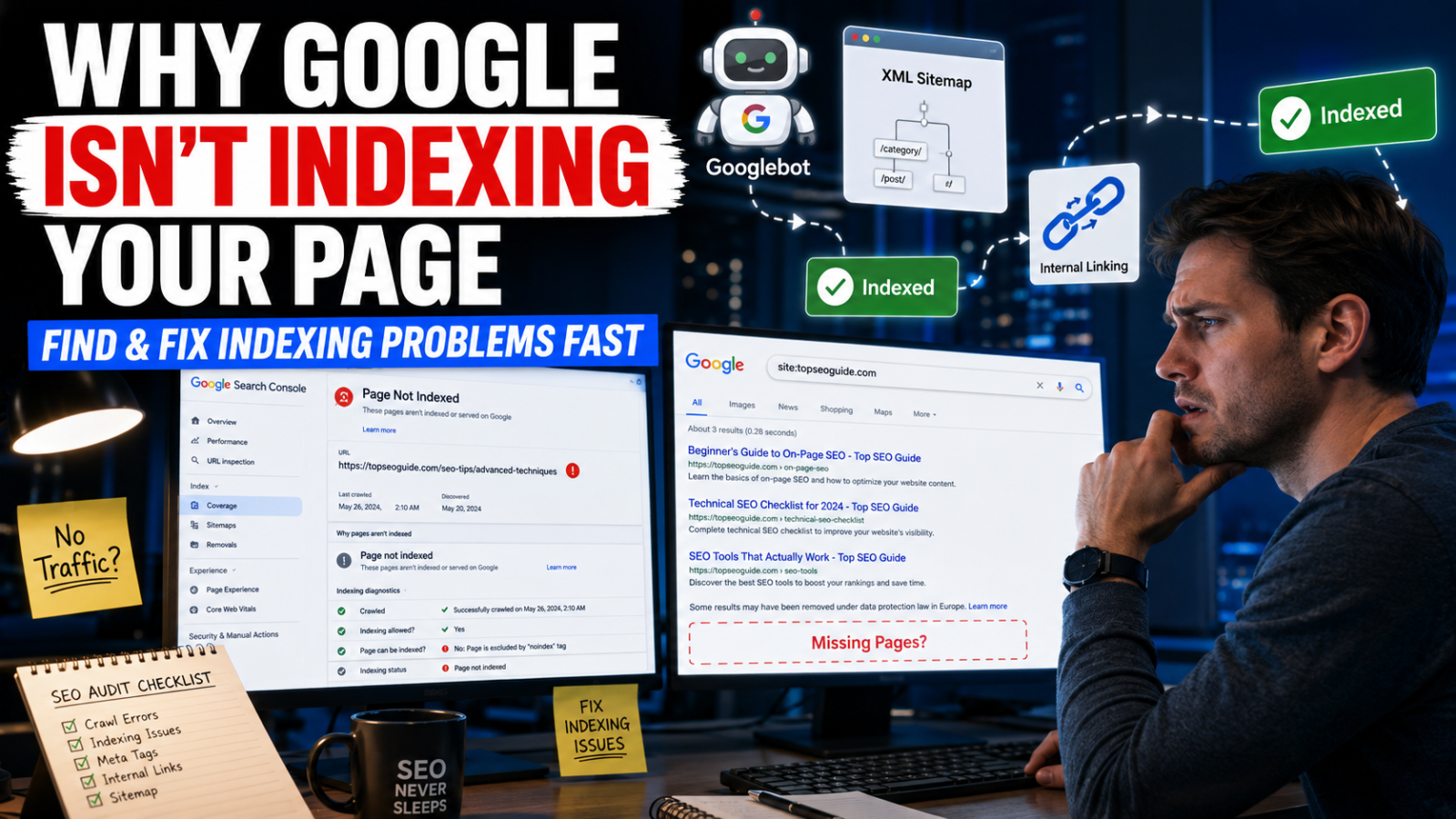 Website owner checking Google Search Console page indexing errors on computer monitors