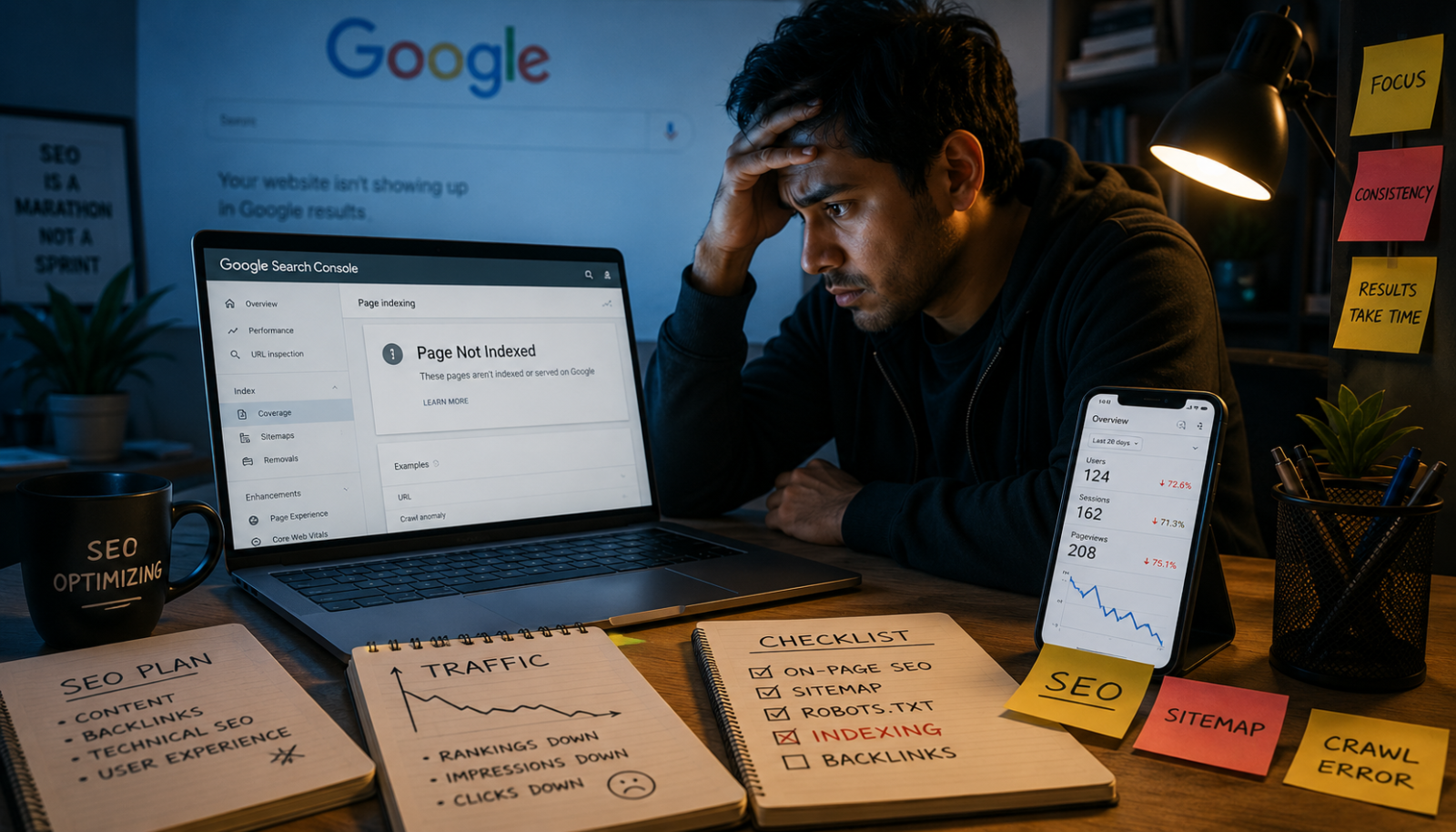 Blogger checking Google Search Console after blog pages fail to index on Google search results