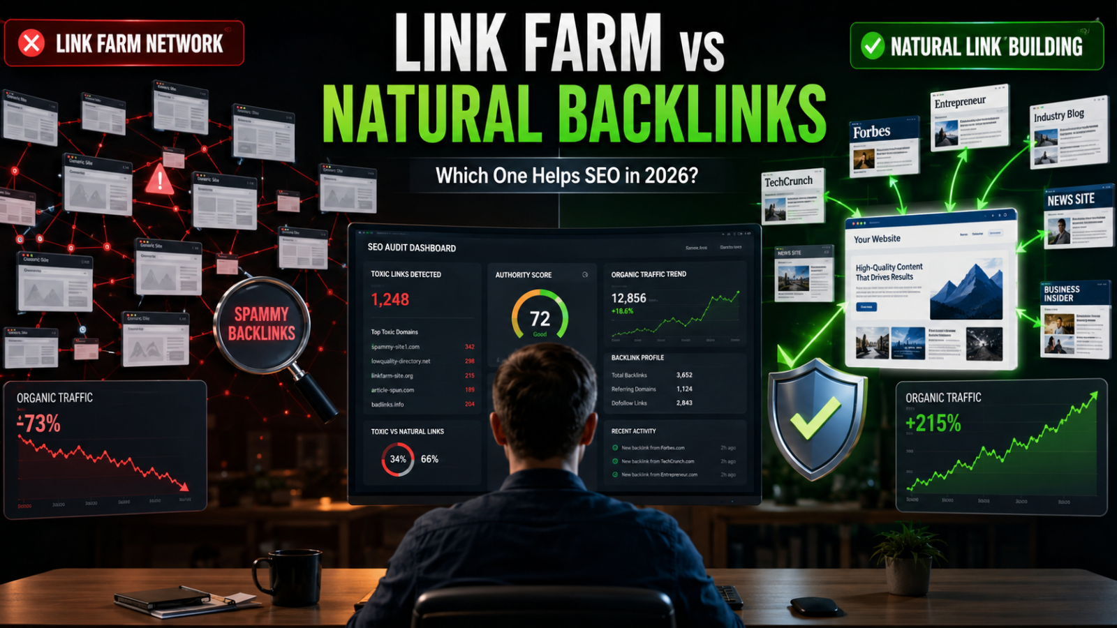 Link farm vs natural backlink profile comparison showing toxic SEO links and legitimate authority-building links