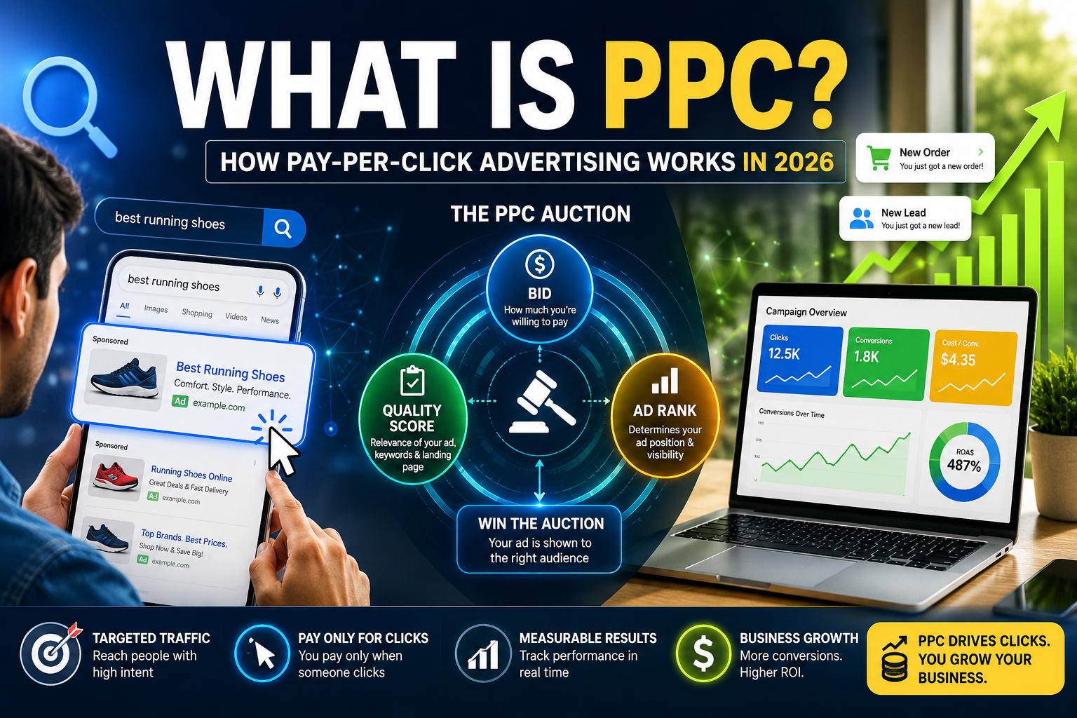 Illustration showing how pay-per-click advertising works, from search intent and ad auctions to conversions and business growth.